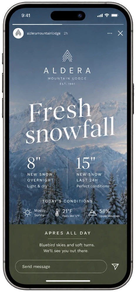 Aldera Mountain Lodge Instagram Story on a phone, with fresh snowfall and après details