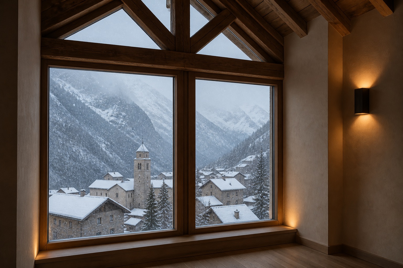 Snow falling beyond a lodge window