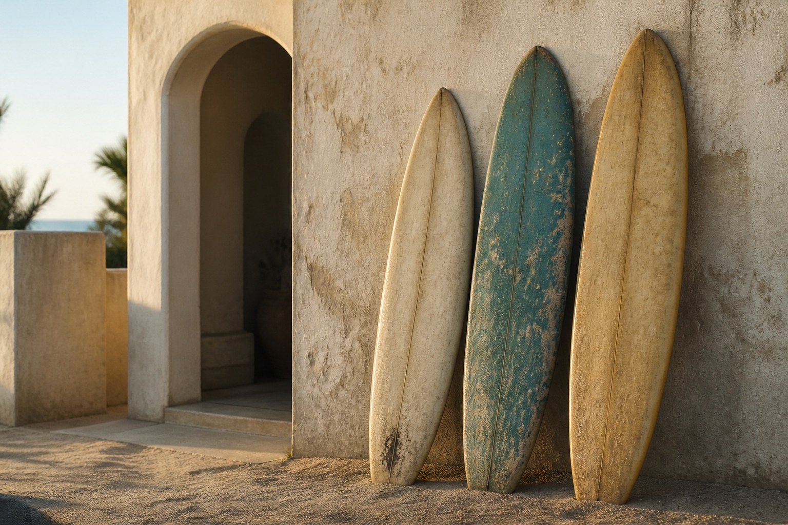 Surfboards against a sun-faded plaster wall