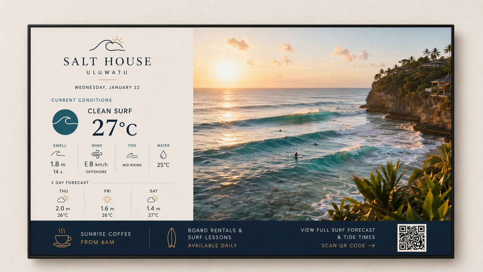 A Salt House Uluwatu Daymark on a wall-mounted display, showing clean surf, a 1.8 m swell at 14 seconds, offshore wind, a mid-rising tide, water temperature and a three-day forecast, with board rentals and surf lessons along the bottom