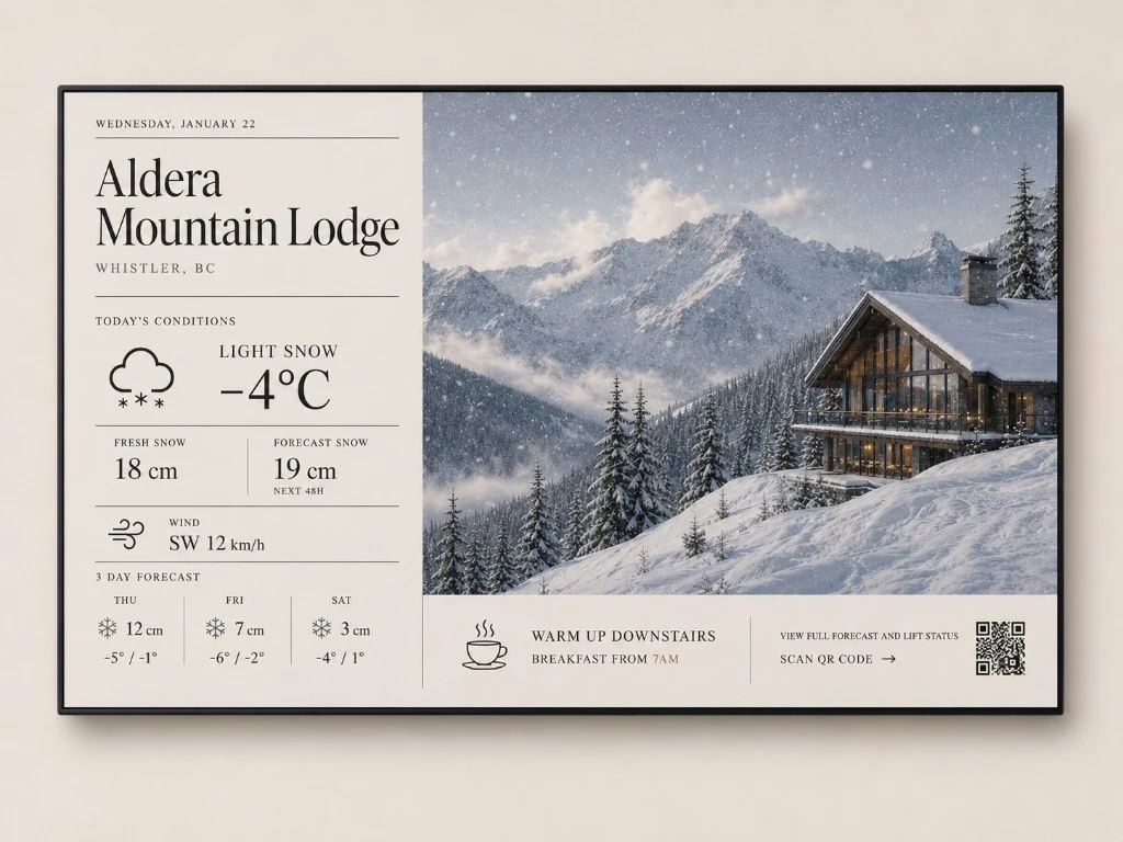 Aldera Mountain Lodge photo-forward briefing with a snowy lodge scene