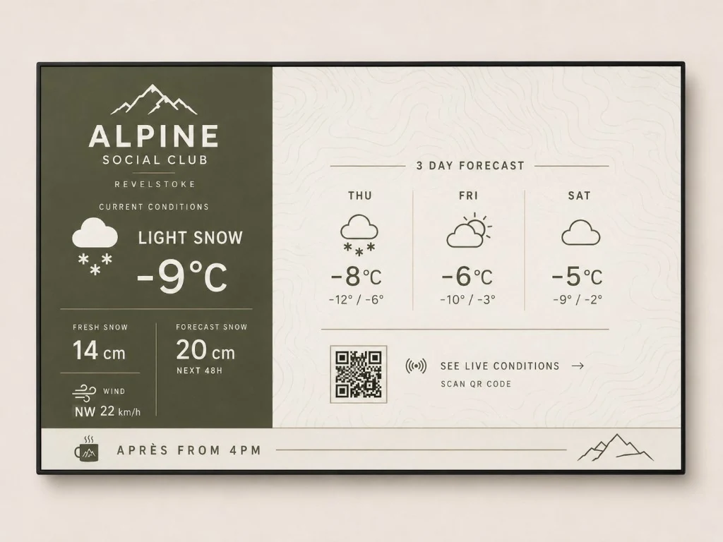 Alpine Social Club Revelstoke olive sidebar over a topographic field