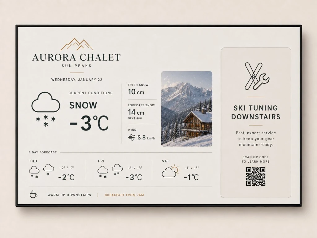 Aurora Chalet cream display with a chalet photograph and ski-tuning promotion
