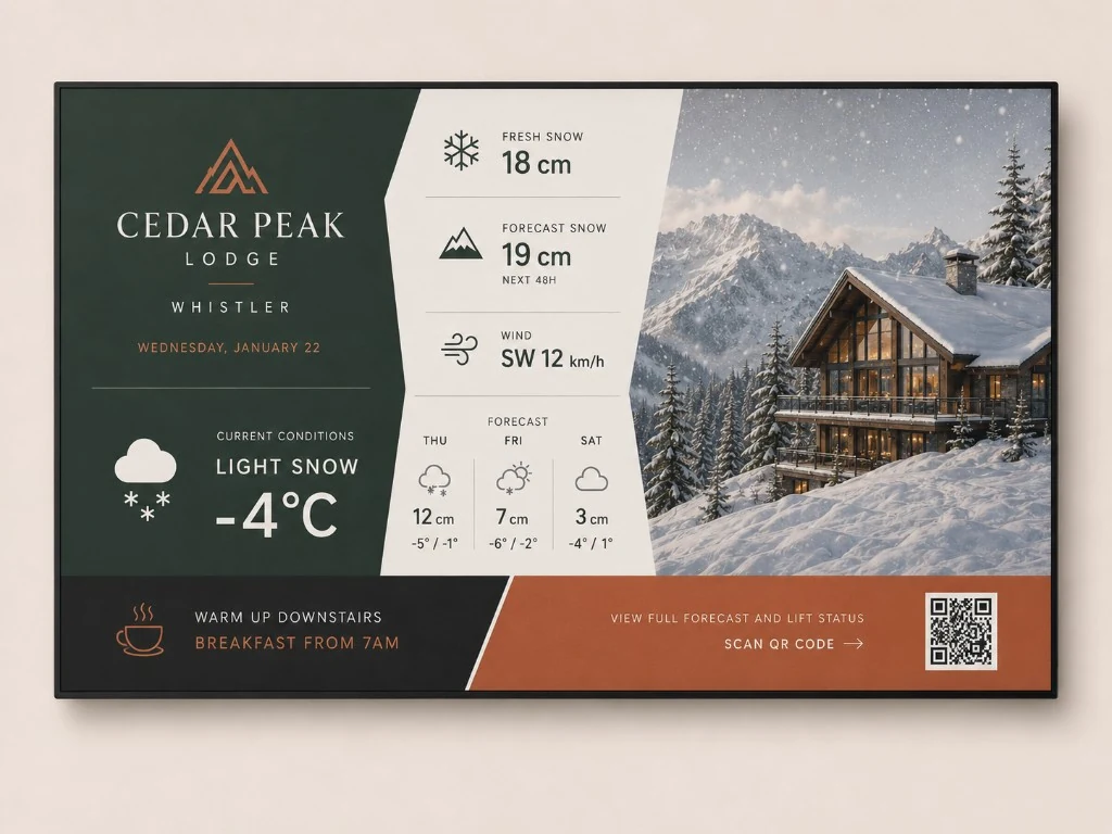 Cedar Peak Lodge forest-green briefing beside a twilight lodge photograph