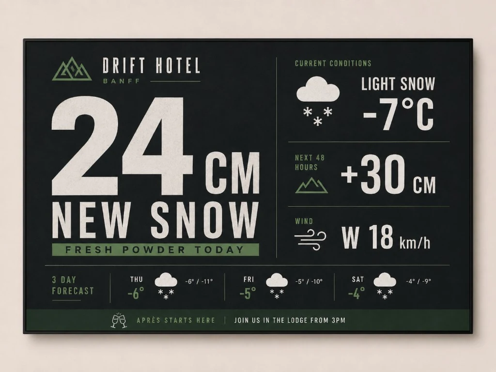Drift Hotel Banff dark powder report with oversized snowfall type