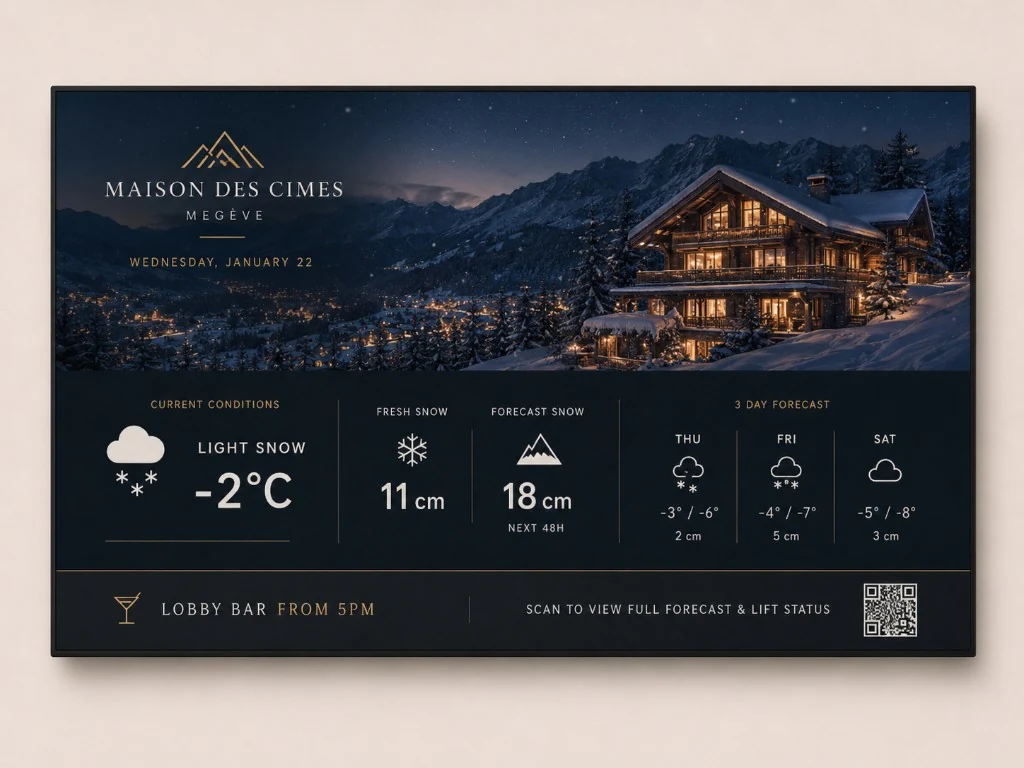 Maison des Cimes Megève night photograph over a gold-accented forecast