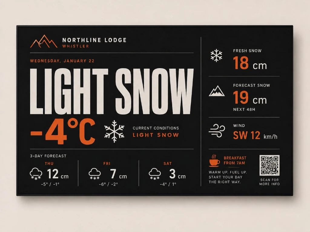 Northline Lodge high-contrast dark report with copper snowfall type