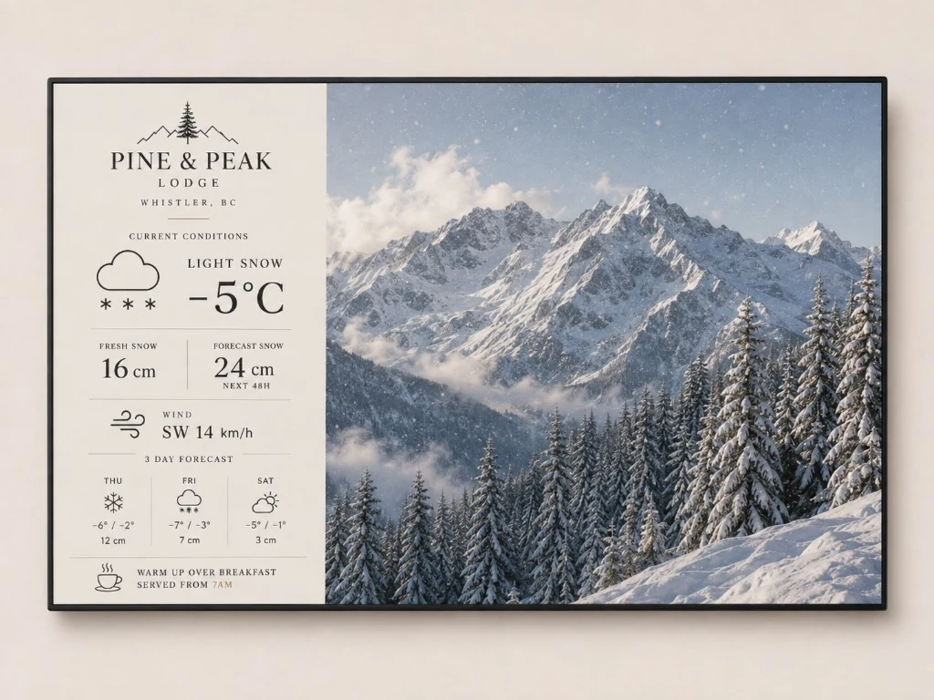 Pine & Peak Lodge split layout with mountain photography