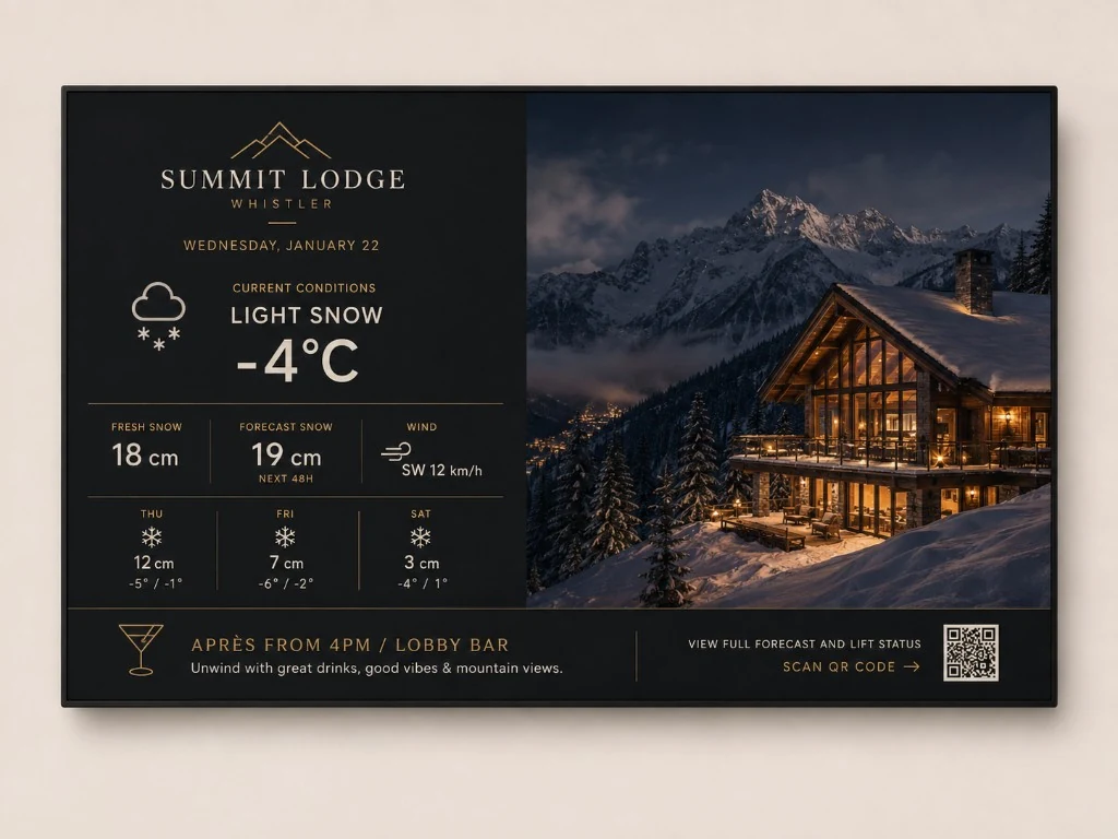 Summit Lodge charcoal and gold après display with lodge photography