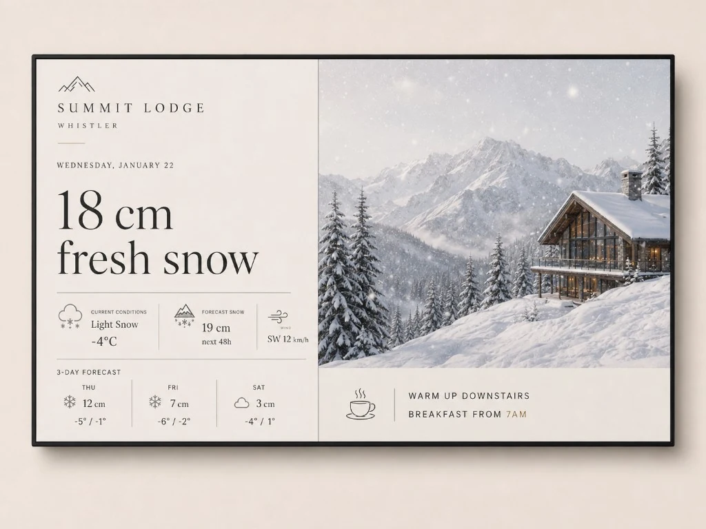 Summit Lodge editorial cream board beside a snowfall photograph
