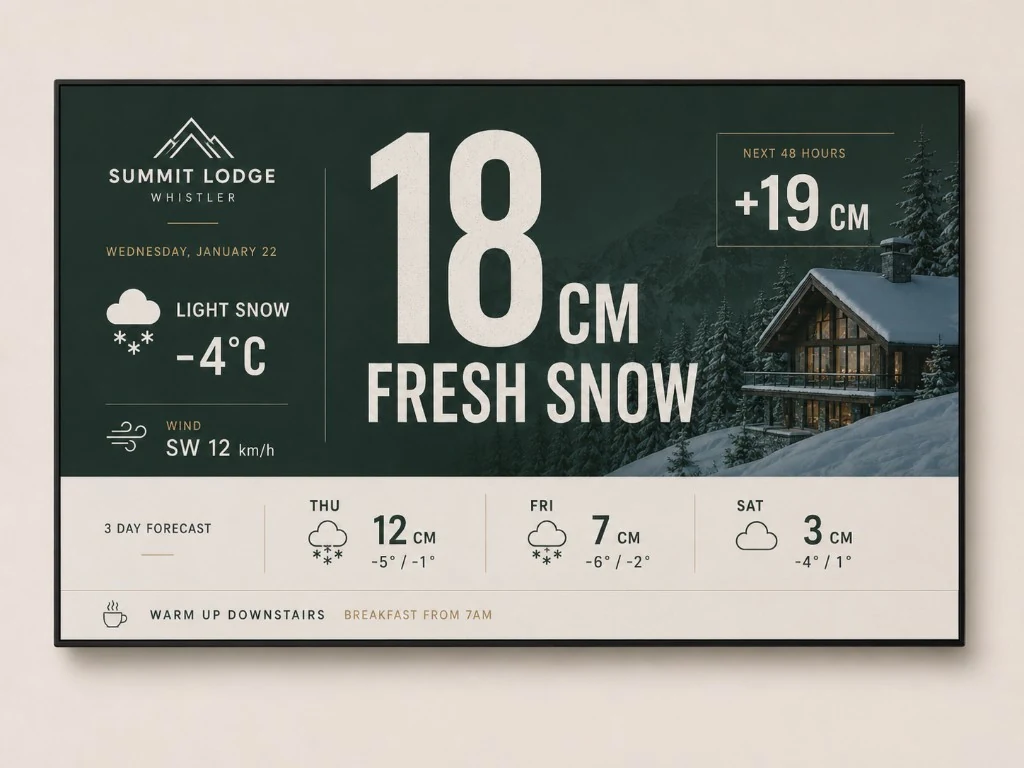 Summit Lodge forest-green display with large fresh-snow type