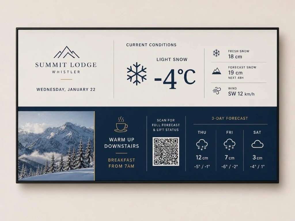 Summit Lodge navy and cream current-conditions briefing