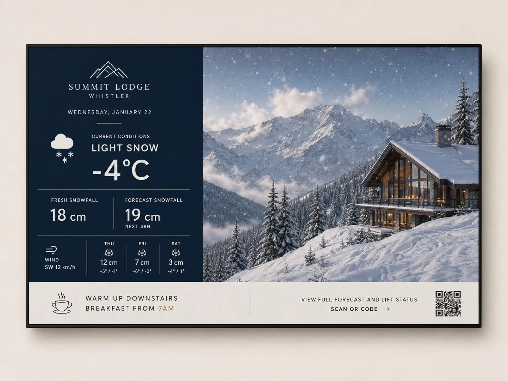 Summit Lodge navy sidebar with a wide alpine photograph