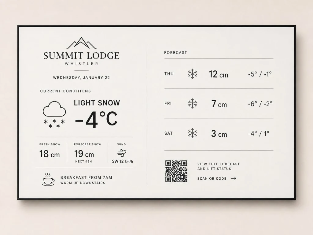 Summit Lodge cream split layout with forecast and QR code